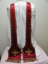 Antique French Catholic Red Silk Stole Cotton & Gold Threads picture