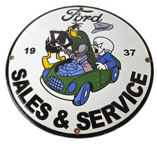 Vintage Ford Motors Co Sign - Porcelain Comic Sales & Service Gas Pump Sign picture