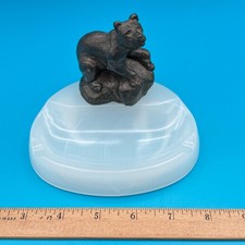 Vintage Houze Opal Slag Glass Ashtray / Trinket Dish Bronze Plated Bear Art Deco picture