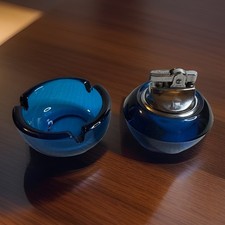 Vintage Colbalt Blue Tabletop Lighter & Ashtray picture