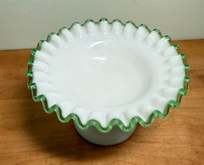 Fenton Milk Glass Green Emerald Crest Round Ruffled Compote Candy Dish 3.5” Tall picture