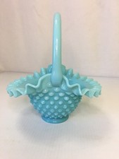 Vintage Fenton Milk Glass Pastel Blue Turquoise Ruffled Hobnail Basket (A) picture