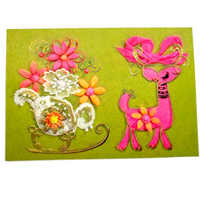 Vintage Mod Reindeer Christmas Greeting Card Pink Green MCM MidCentury 1960s picture