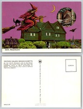 Salem Massachusetts Witch Museum Flying Witch Black Cat Halloween Postcard picture