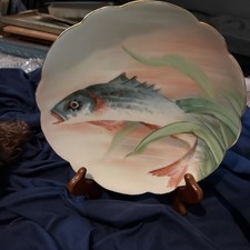 Antique Porcelain Fish Plate 9” Hand Painted Scalloped Gold Rim Limoges Style picture