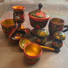 Lot 9 Piece Russian Wooden Khokhloma Vintage Painted Red Gold Blk USSR Art picture
