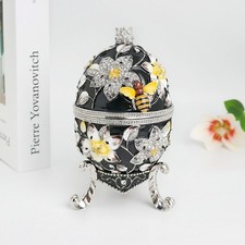 SHINNYGIFTS  Large 17cm Hand-Painted Enamel Bee Faberge Egg Trinket Box picture