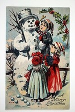 c.1910 Children with Snowman Merry Christmas Postcard Color Lithograph #67 picture