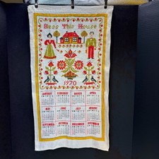 Vintage 1970 Bless This House Folk Art Design Linen Fabric Wall Calendar picture
