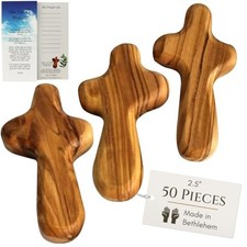 50 Olive Wood Pocket Crosses, 2.5 Inch Small Wooden Religious Keepsake picture