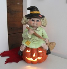 Vintage 80s Ceramic Halloween Witch Lamp, Cabbage Patch Style Witch on Pumpkin picture