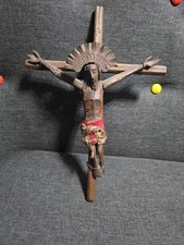 Antique Folk Art Crucifix Hand Carved Wood Jesus Punched Metal Halo Primitive 12 picture