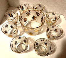 Vintage MCM BAR Set of 8 Libby  Golden Foliage lowball glasses & ice bucket picture