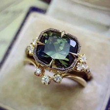 Art Deco Lab-Created Diamond Emerald Anniversary Ring 14K Yellow Gold Plated picture