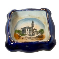 CITY HALL - WORCESTER MA Massachusetts Souvenir Porcelain COBALT TRINKET DISH picture