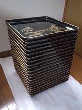 Vintage Japanese Wajima Lacquer Kaiseki Trays Set 20 Chinkin Black Urushi picture
