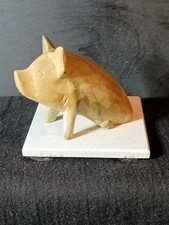 Vintage Hand Carved Wooden Pig Figurine Minimalist Folk Art Rustic Animal Statue picture