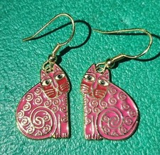 Vintage Laurel Burch Jubilee Cat Dangle Earrings Red and Gold Accents, RARE picture