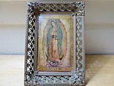 Vtg Antique Mexican Filigree Brass Frame Our Lady of Guadalupe Bubble Glass 1930 picture