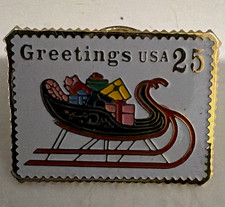 USPS Greetings USA 25 Stamp Style Enamel Pin Sleigh Presents Design ©1989 picture