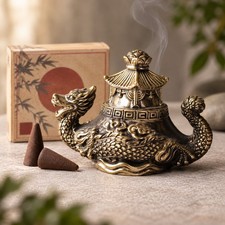 Vintage Japan Dragon Pagoda Incense Burner Censer Gold Tone Cast Metal 4