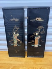 Pair Vintage Chinese Black Lacquer Wall Panels Gold Figures picture
