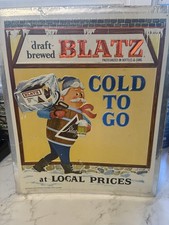X-RARE 1950s-60s BLATZ BEER KEG/MAN/HEAVY EMBOSSED CARDBOARD/FOIL SIGN 14” X 17” picture