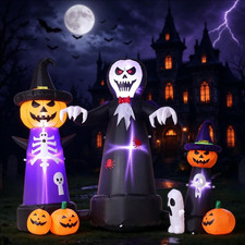 9FT Halloween Inflatables Outdoor Decoration, Giant Skull Ghost with Pumpkin Wiz picture