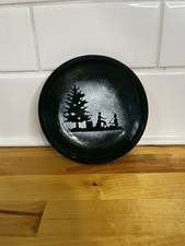 Vintage MCM Enamel on Copper Bowl Christmas Tree Winter Silhouette Black White picture
