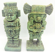 Vtg Aztec Mayan Style Heavy Carved Stone Figures Green Patina Mesoamerican (2PC) picture