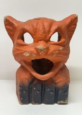 Vintage 1930’s-40’s Halloween Paper Mache Orange Cat On Fence Jack O Lantern picture