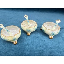 Belleek Victorian Edwardian Blue Floral Irish Porcelain Salt Cellars Spoons picture