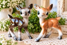 Vintage Japan Ceramic Deer Fawn Figurines Pair Blue Eyes MCM Kitsch 4” picture
