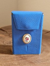 Rolfs Vintage Blue Leather Cigarette Case Oval Floral Motif 1960s picture