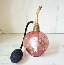 Antique Moser (?) Bohemian CRANBERRY Glass PERFUME ATOMIZER Enamel CHERUB picture