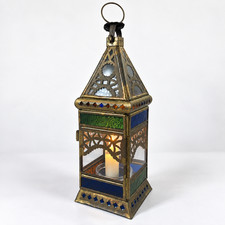 Vintage Brass Candle Lantern Blue Green Pressed Glass Gothic Moroccan 13in picture