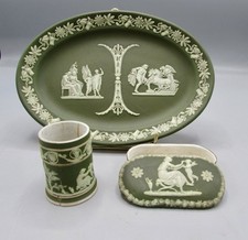 4 Wedgwood Olive Green Jasperware Plate Trinket Box Cup Some Damage Rare Color picture