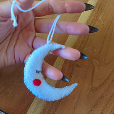 OOAK Small Hand Stitched Felt White And Red Hanging Moon Decorative Folk Art picture