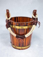 Vintage Wooden Stave Bucket Rope Handle Decorative Fire Pail w/ Metal Bands 11