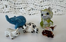 Vtg. Lot Of 5 Ceramic Mini Figurines- Deer, Pig, Frog, Elephant, Green Kitty picture