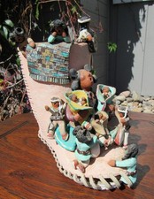 LARGE INCREDIBLE VINTAGE 1989 SIGNED JEMEZ POTTERY STORYTELLER WOMAN KIDS & SHOE picture