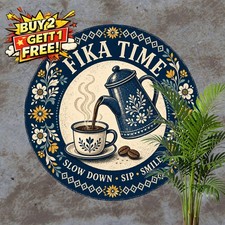 Swedish Fika Coffee Culture Sign Metal Plaque Retro Cafe Wall Decor 8x8 picture