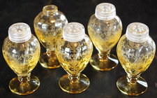 Vtg SET 5 Fostoria VERSAILLES TOPAZ SALT PEPPER SHAKERS Glass Lids ETCHED Footed picture