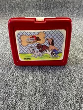 Vintage 1986 Thermos Pound Puppies Red Plastic Lunch Box Hinged Lid - Empty picture