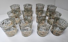 Set of 12 VTG Cera Glass Hunt of the Unicorn Captivity Glasses MCM 22k Gold Bar picture