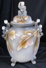 ANTIQUE? VINTAGE LARGE CHINESE FOOTED HAND PAINTED JAR W/LID & HANDLES  18.5