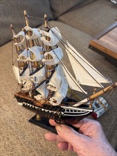 Wooden Model Sailing Ship 3 Mast Tall Ship White Sails Nautical Decor 9” picture
