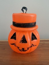 Vintage Blow Mold Pumpkin JOL Halloween Trick Or Treat Candy Bucket Pail Top Hat picture