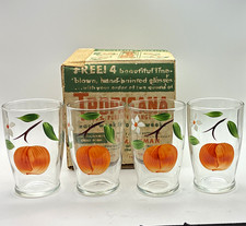 VTG 1950s Tropicana Orange Juice Glass Set 4pc Hand Blown Painted Original Box picture