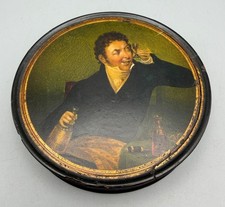 RARE ANTIQUE Round Black Lacquer Paper Mache Snuff Box 